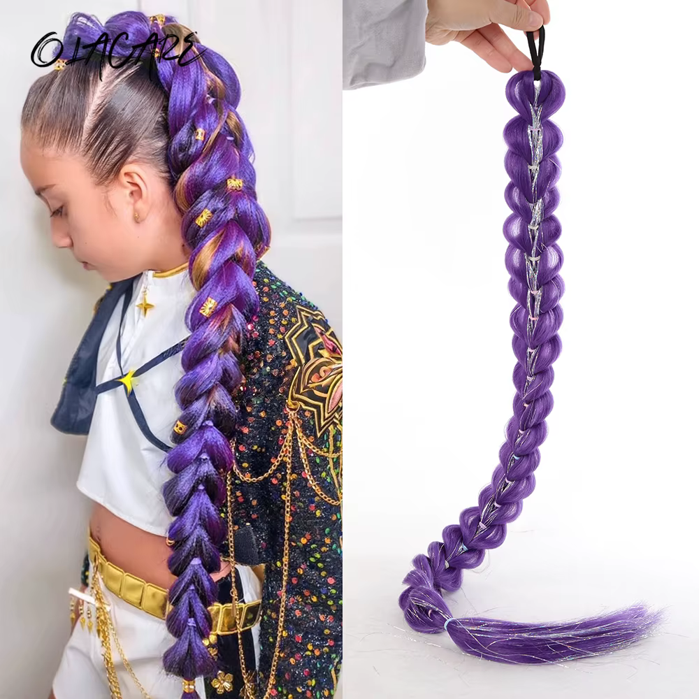 32 pouces tressé violet cheveux queue de cheval avec guirlandes perruque Super Extensions brillant