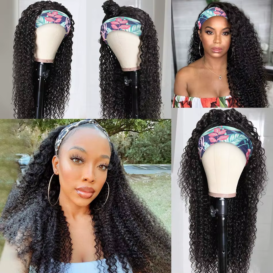 Perruque longue à bandeau en cheveux humains bouclés crépus pour femmes