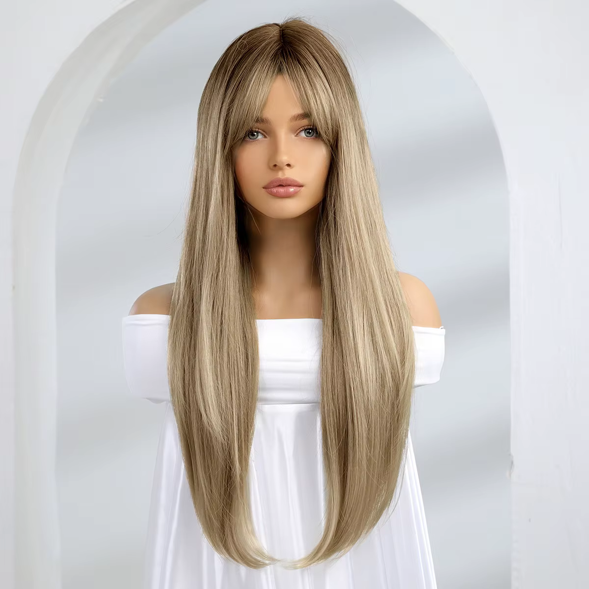 Perruque longue blonde et brune ombrée avec frange