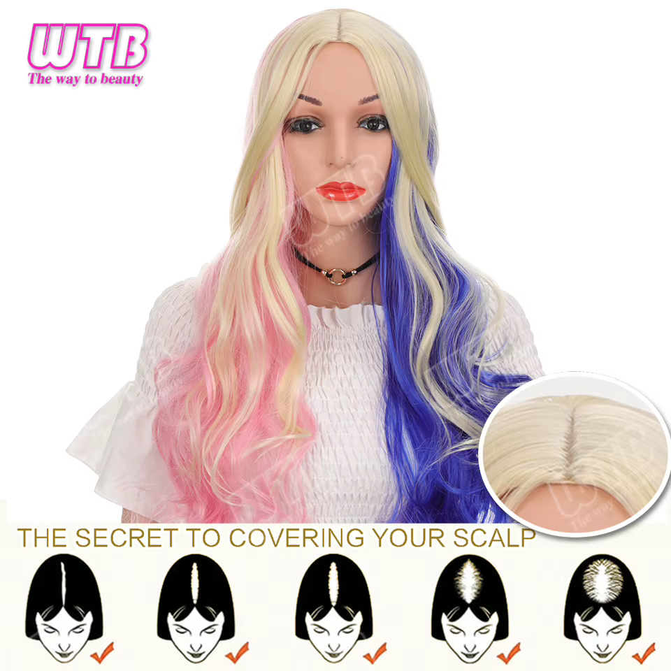 WTB Perruque synthétique rose et bleue à blocs de couleurs