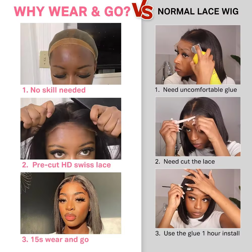 Wear And Go perruques sans colle cheveux humains fermeture pré-épilée Bob