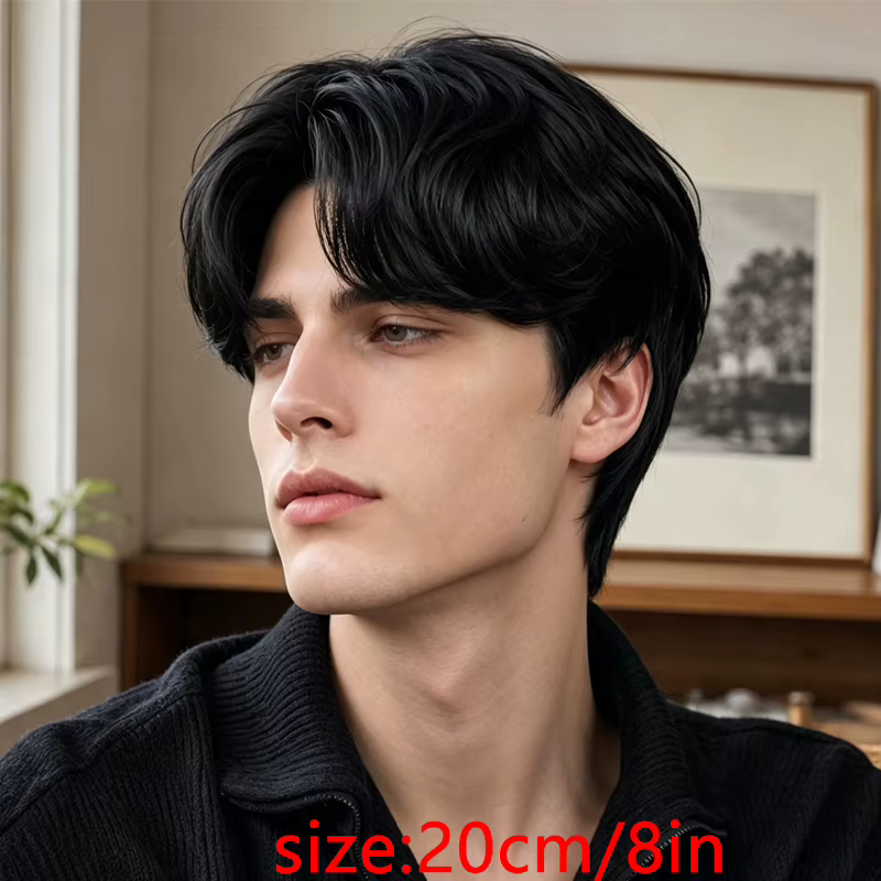 Perruque pour homme noire de 8 pouces en matière synthétique
