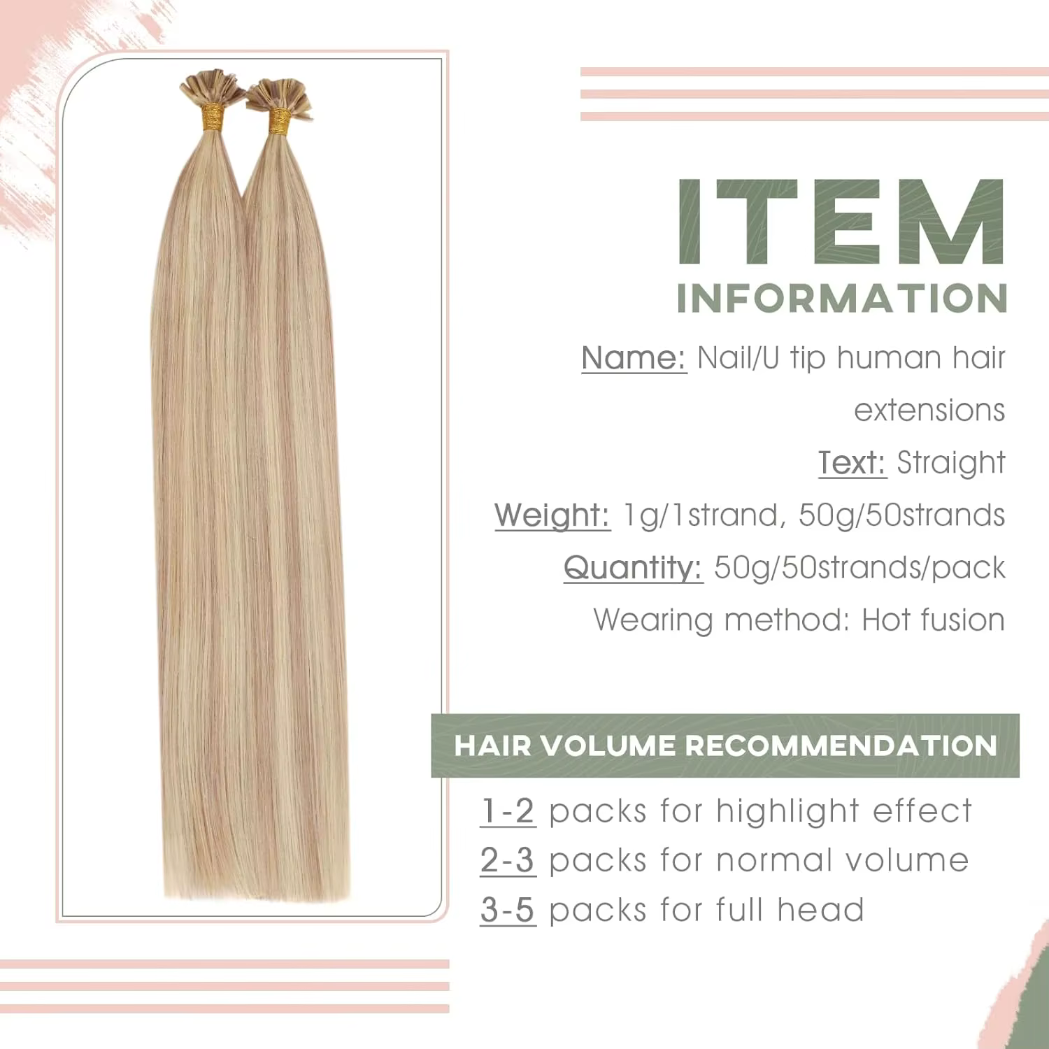 Extensions de cheveux Ugeat U Tip Capsules Kératine Pré-collées