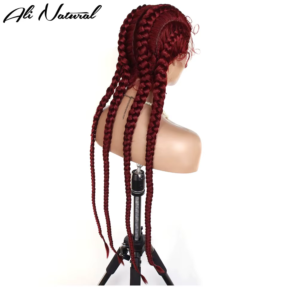 Perruque tressée bordeaux 4 tresses en dentelle, cheveux synthétiques pré-épilés, rouge 99j, perruque tressée avec dentelle supérieure 360