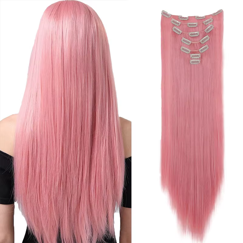 7 Clips dans les Extensions de cheveux longue coiffure droite rose 60CM