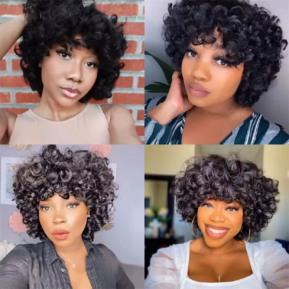 Funmi – perruque Bob courte et ample pour femmes, cheveux 100% naturels, frange complète bouclée et rebondissante, aspect naturel, faite à la Machine
