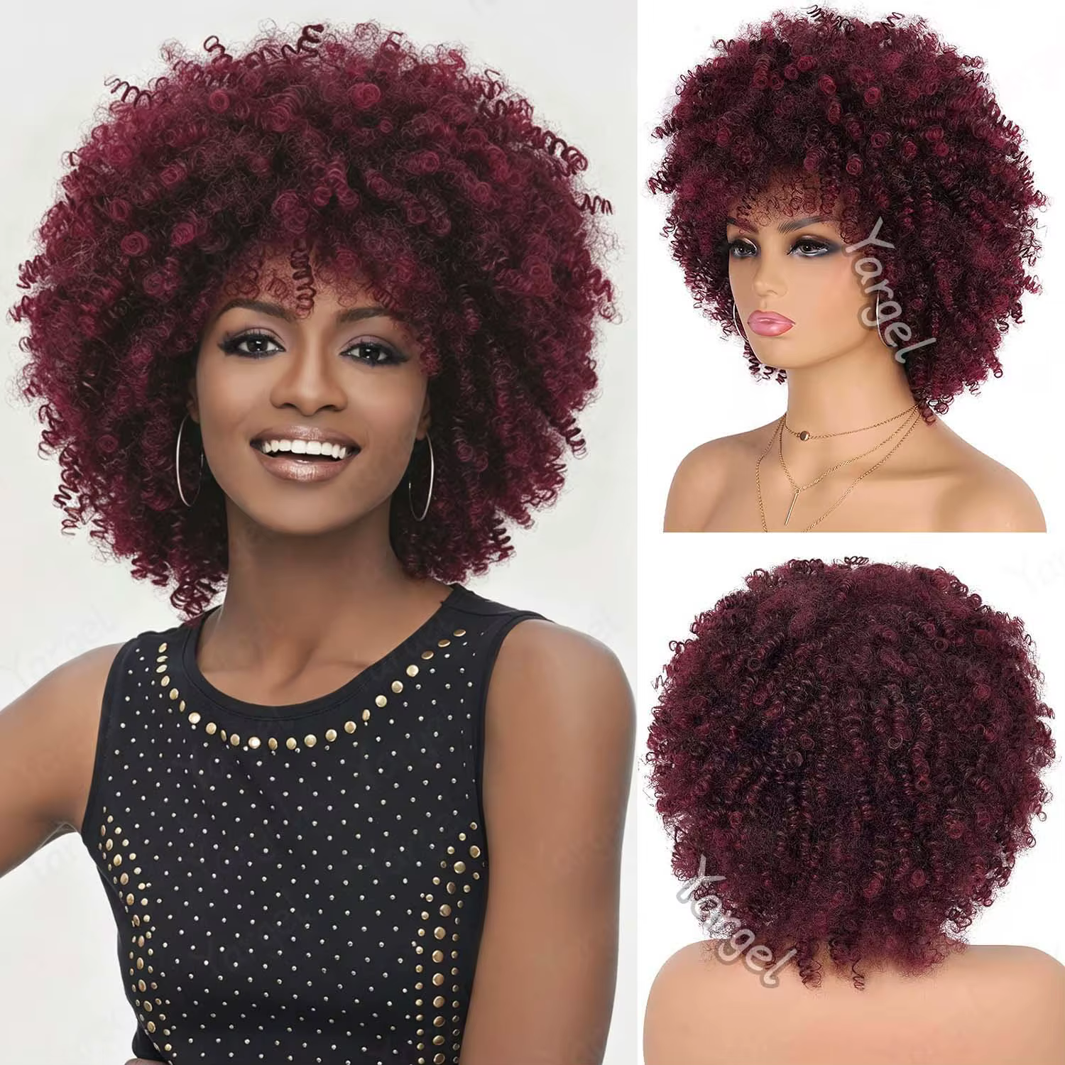 Perruque synthétique afro bouclée avec frange