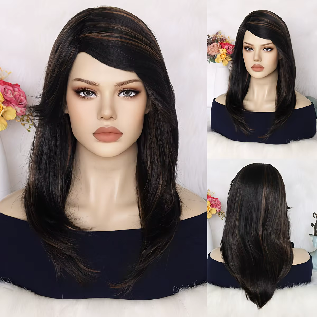  ﻿ Perruque synthétique ondulée mi-longue pour femme avec frange latérale