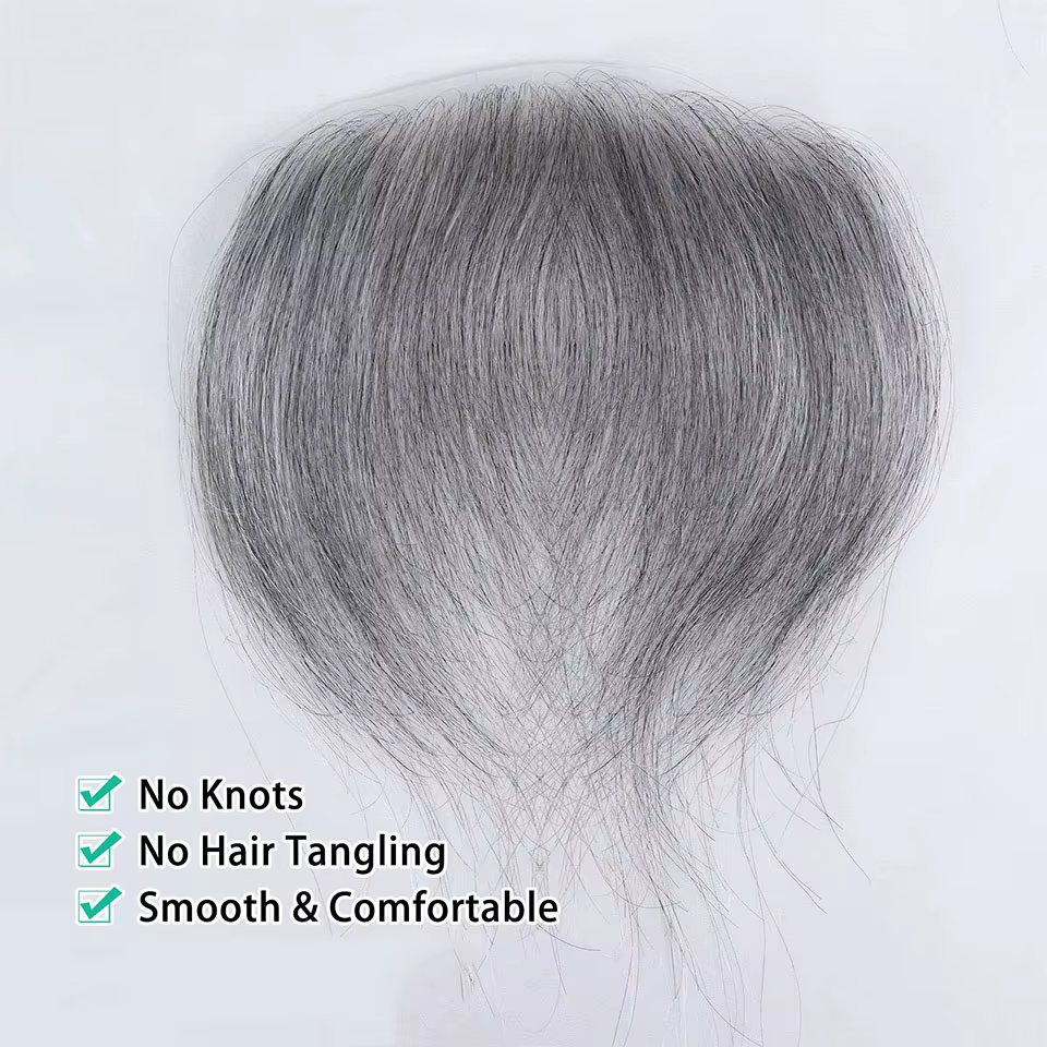 Toupet gris pour hommes postiche humaine 0.06mm peau Ultra mince Style V ligne de cheveux frontale
