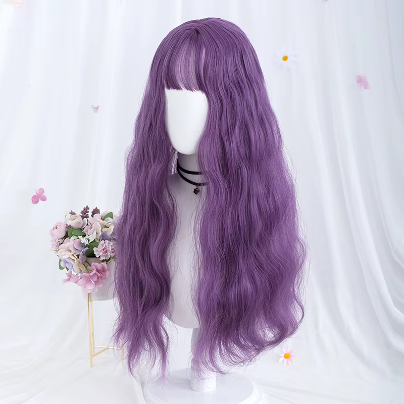 Perruque Synthétique Longue Ondulée avec Frange pour Femme