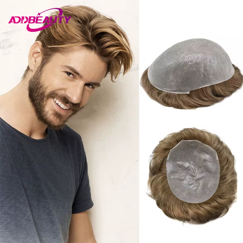 Peau mince pleine PU 0.02mm homme toupet mâle perruques de cheveux humains indien