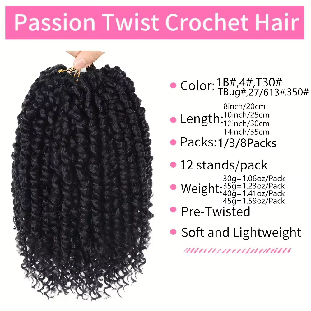 8 paquets de cheveux synthétiques pré-bouclés pour tresses au crochet Passion Twist pour femmes noires