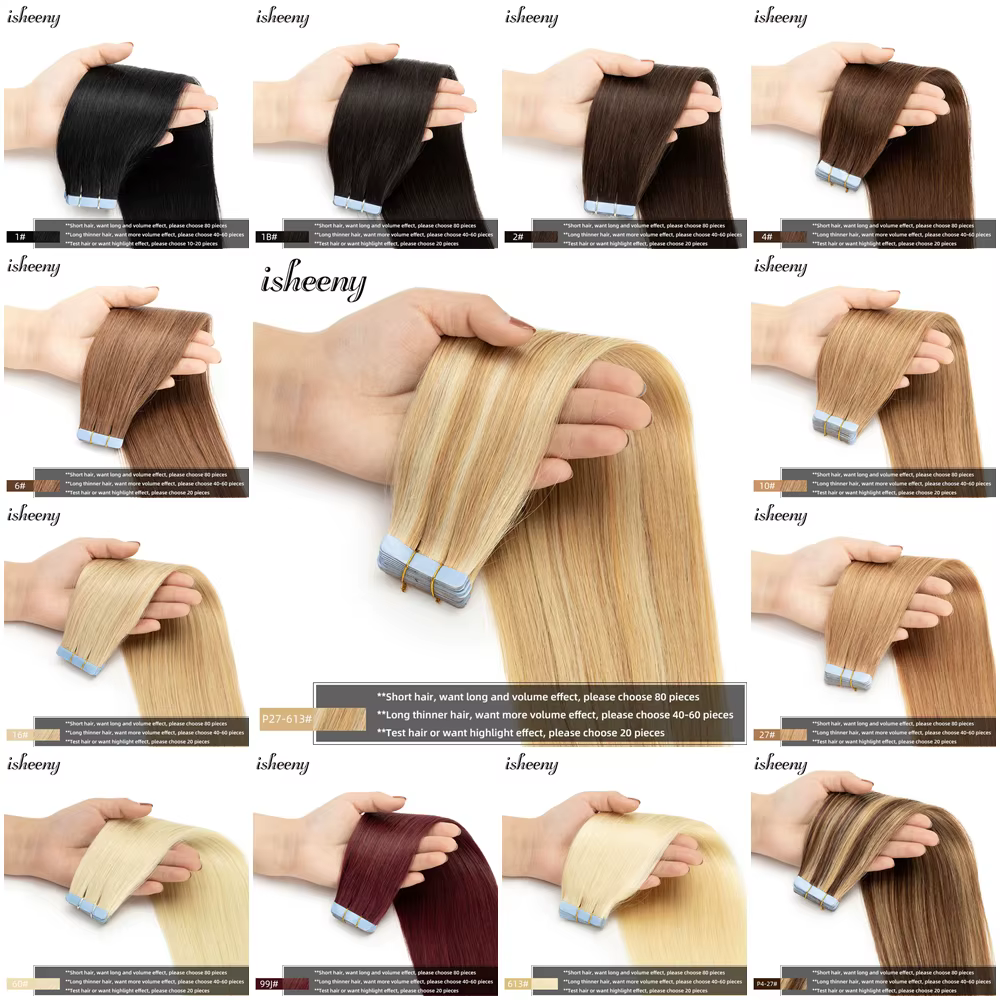 Isheeny – Extensions de cheveux naturels européens Remy, 18 pouces, 1.8g, Mini bande adhésive, 10 pièces
