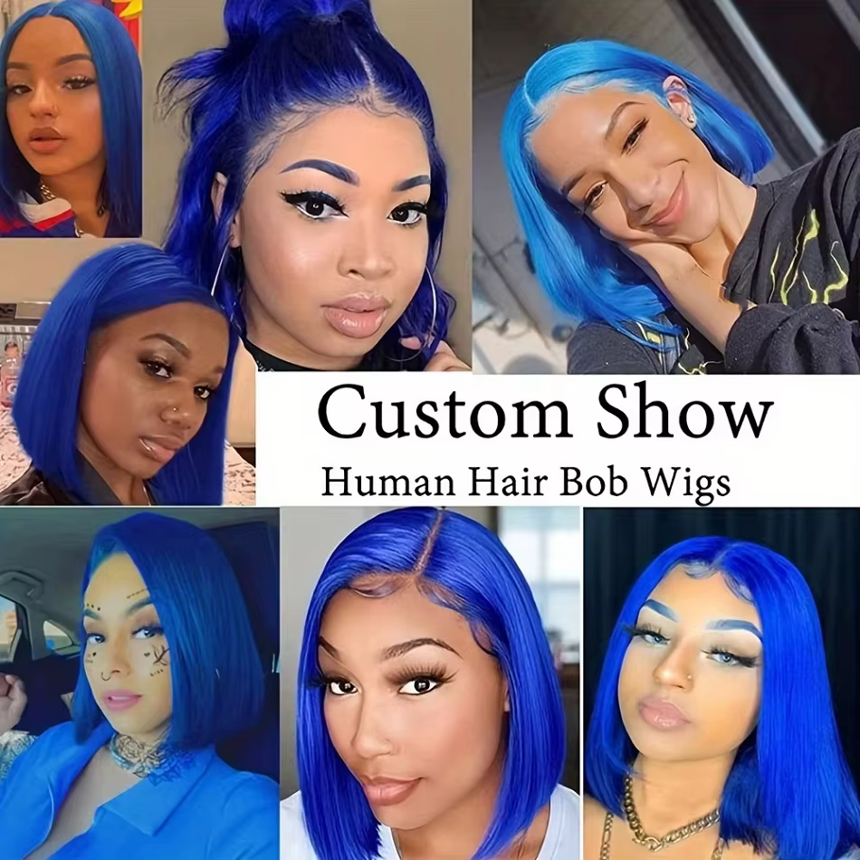 Perruque Bob Lace Front Wig naturelle, cheveux courts, bleu marine, 13x4, naissance des cheveux naturelle, pre-plucked, avec baby hair