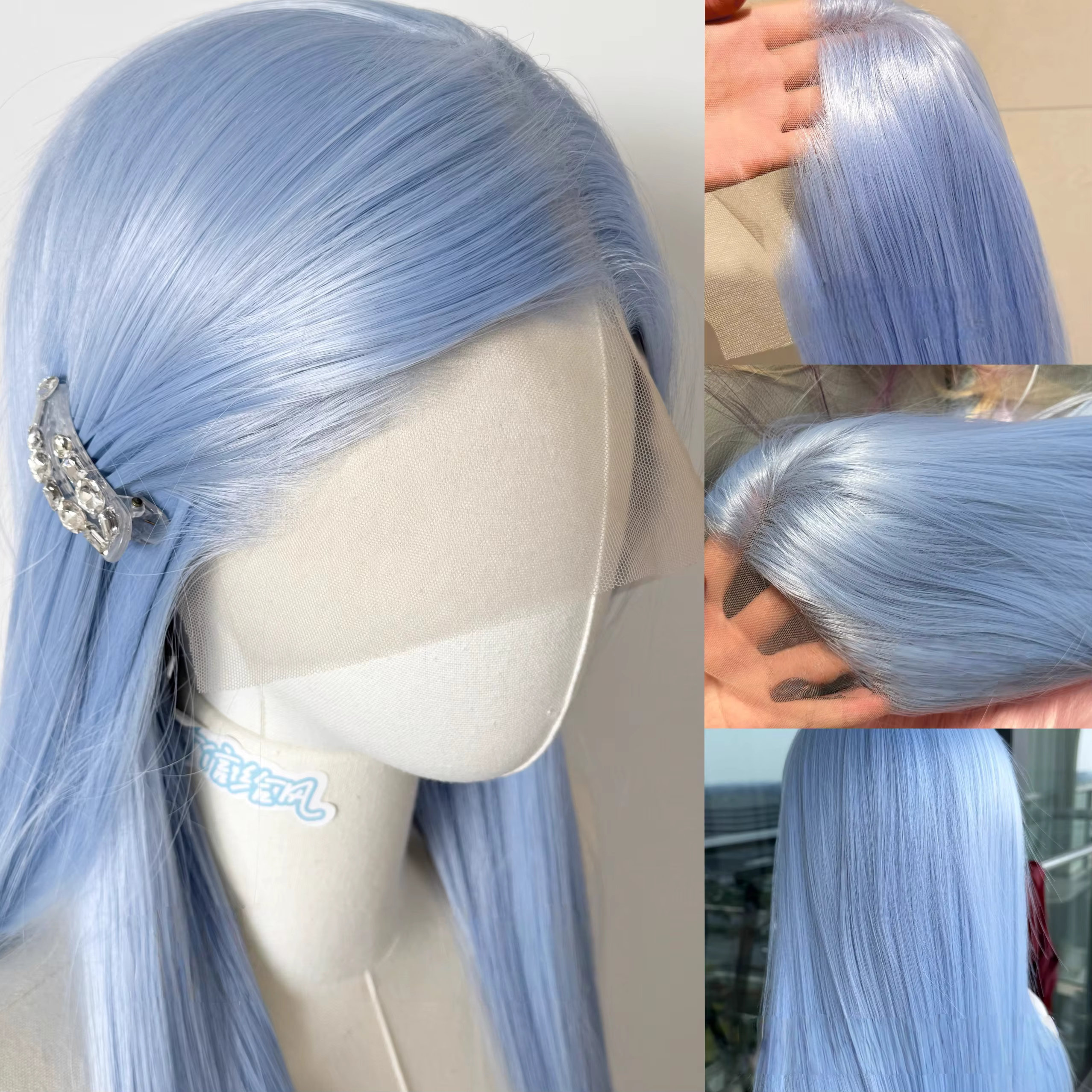 Perruque Lace Front Wig synthétique bleu bébé 26 pouces