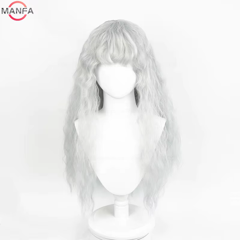Griffith Cosplay perruque gris clair bouclés ondulés longs résistant à la chaleur perruques de cheveux synthétiques +