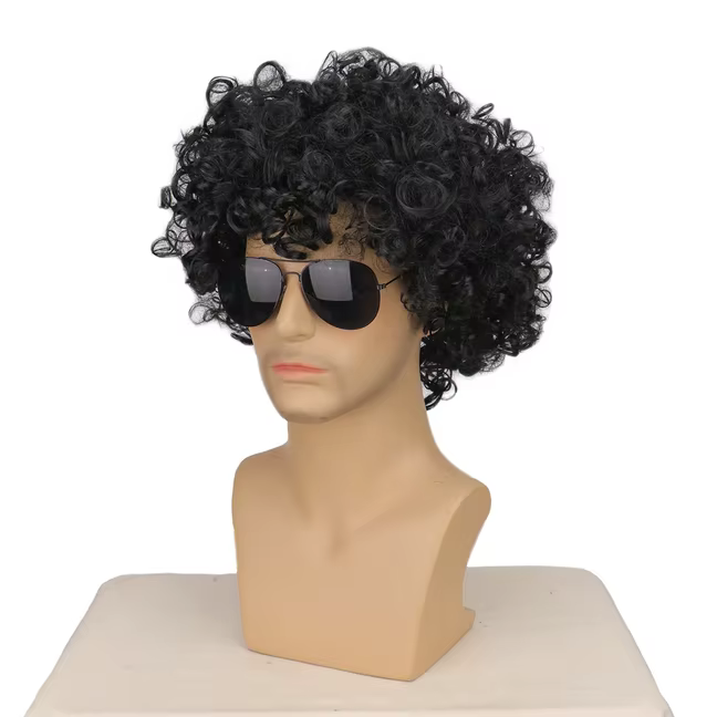 Perruque courte noire bouclée style rocker disco pour hommes avec lunettes