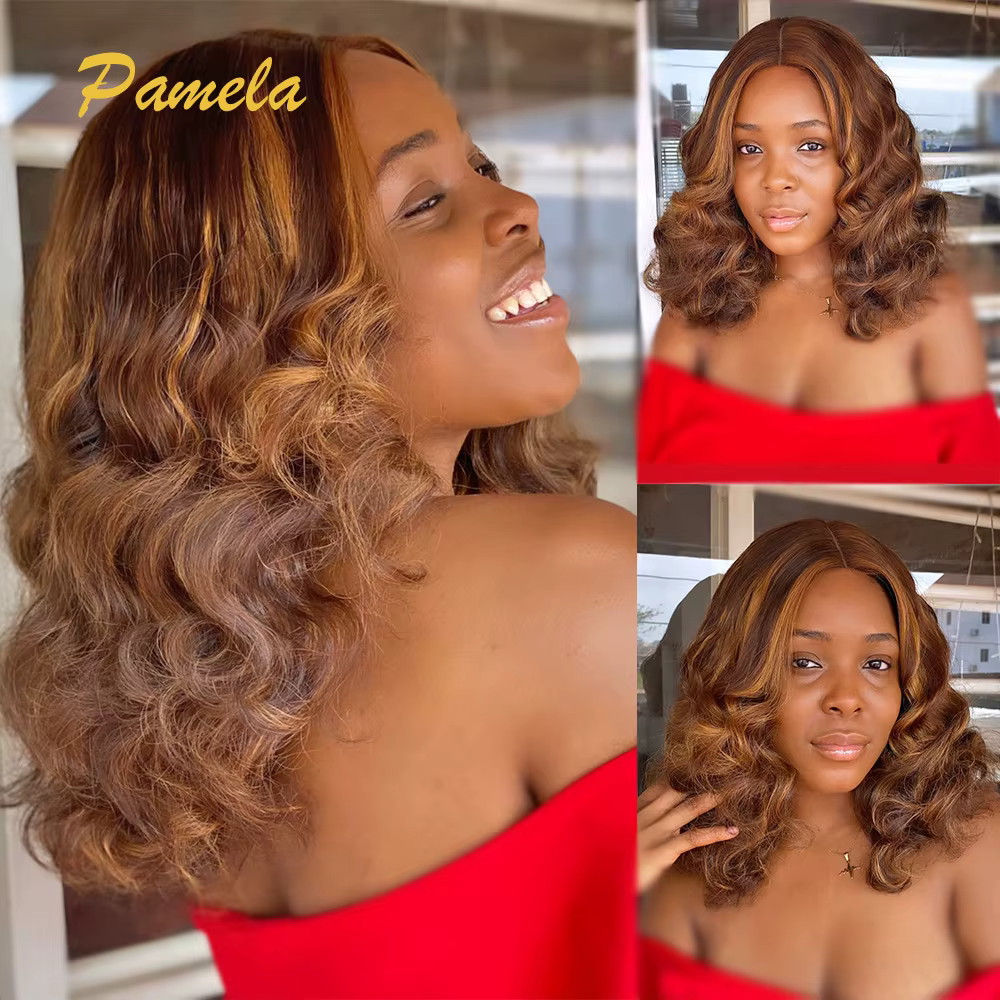 Perruque Bob Blonde 100% cheveux humains vague profonde lâche courte Ombre 4 27 couleur marron avant de lacet sans
