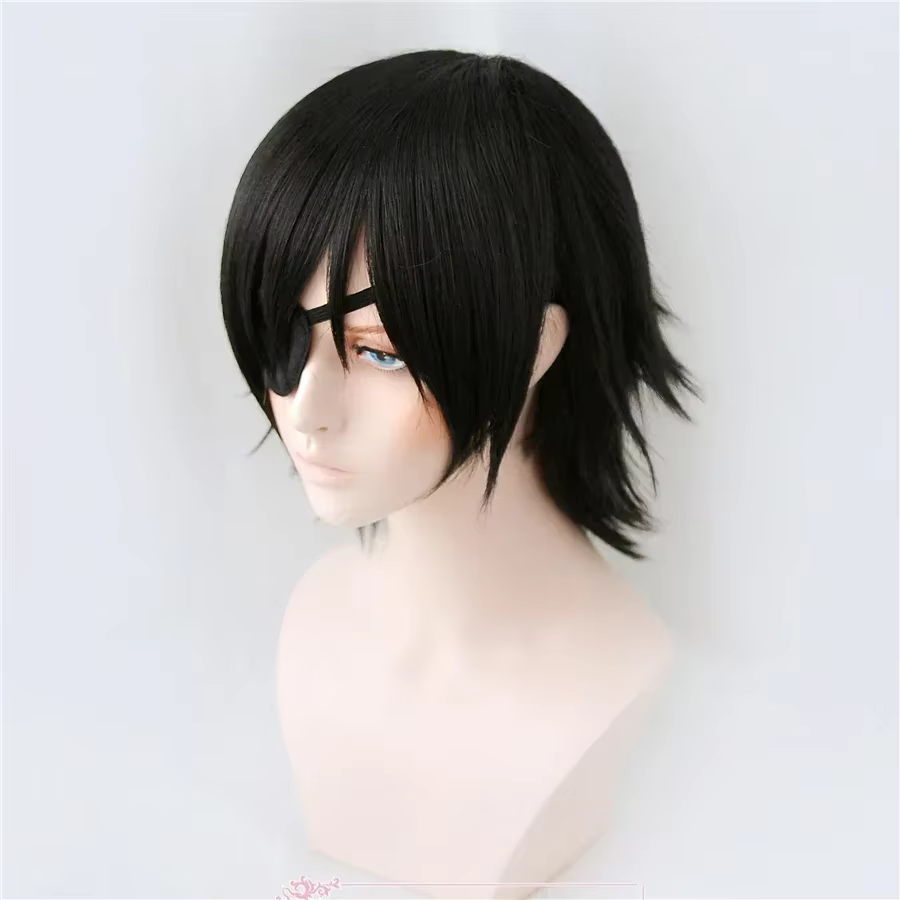 Himeno perruque tronçonneuse homme noir court moelleux couches cheveux synthétiques avec yeux Patch résistant à la chaleur Costume fête jouer