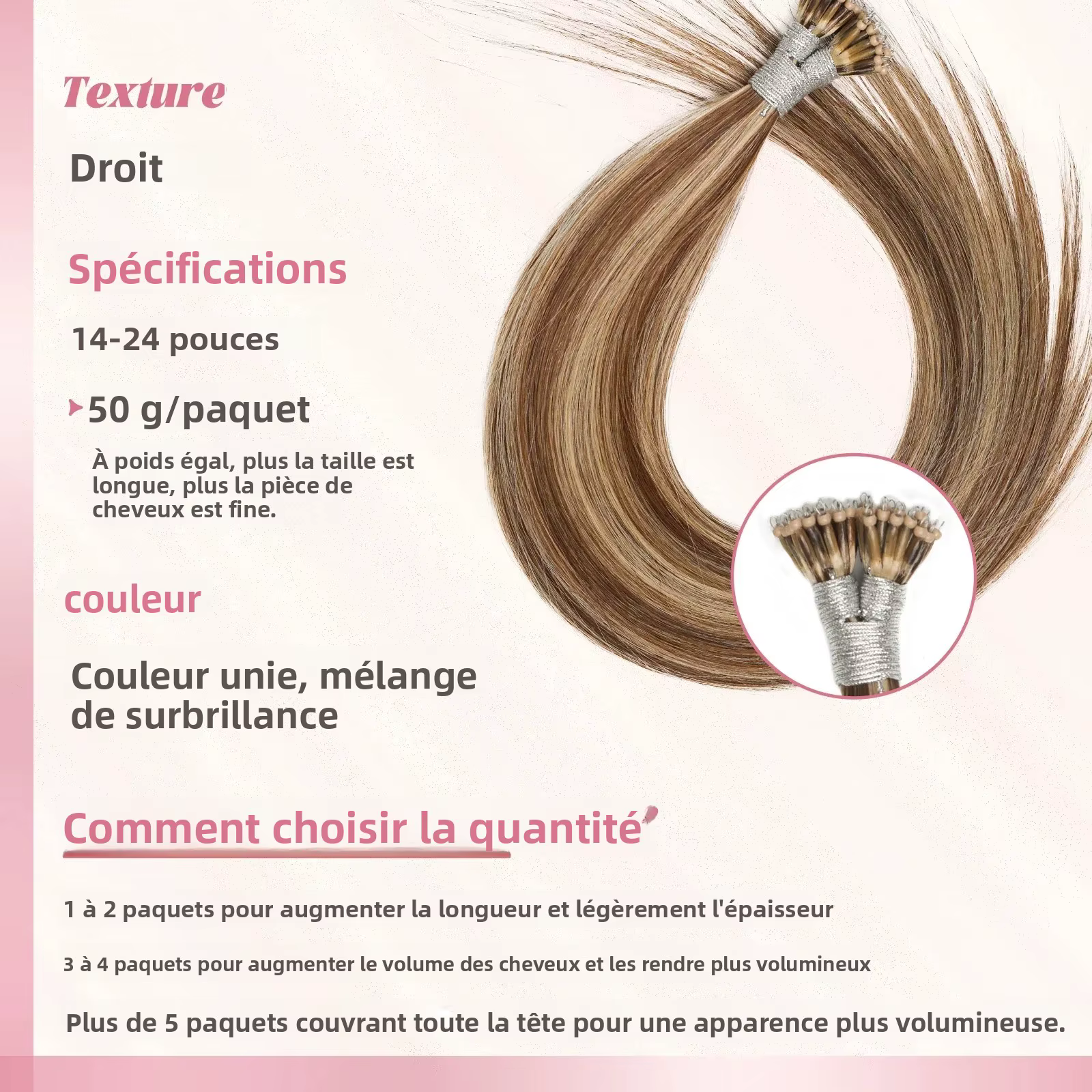 Extensions de cheveux Nano Rings à pointe droite, cheveux humains vierges naturels Shadow 100%, lots de cheveux blonds en vrac, micro-perles, kératine en gros