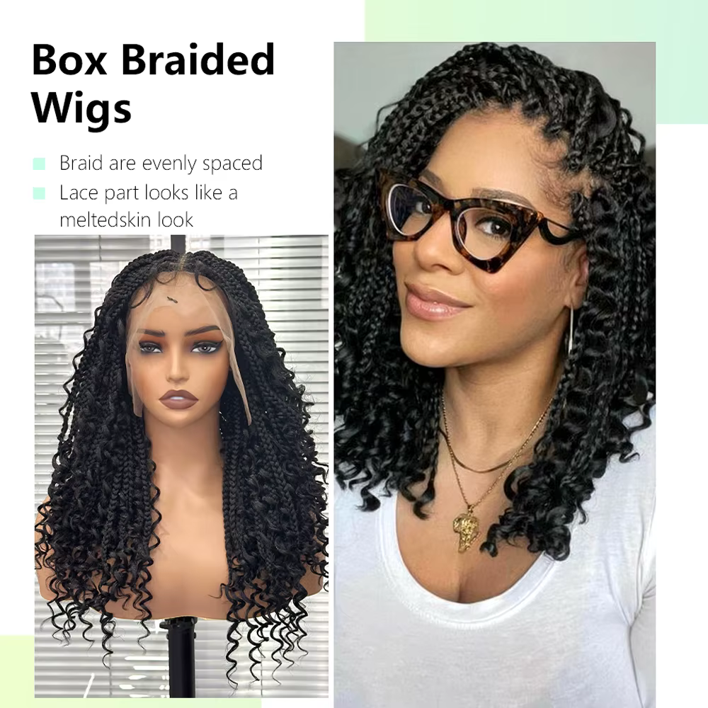 Boho boîte sans noeuds perruques tressées pleine Double dentelle courte tresse perruque pour les femmes noires cheveux