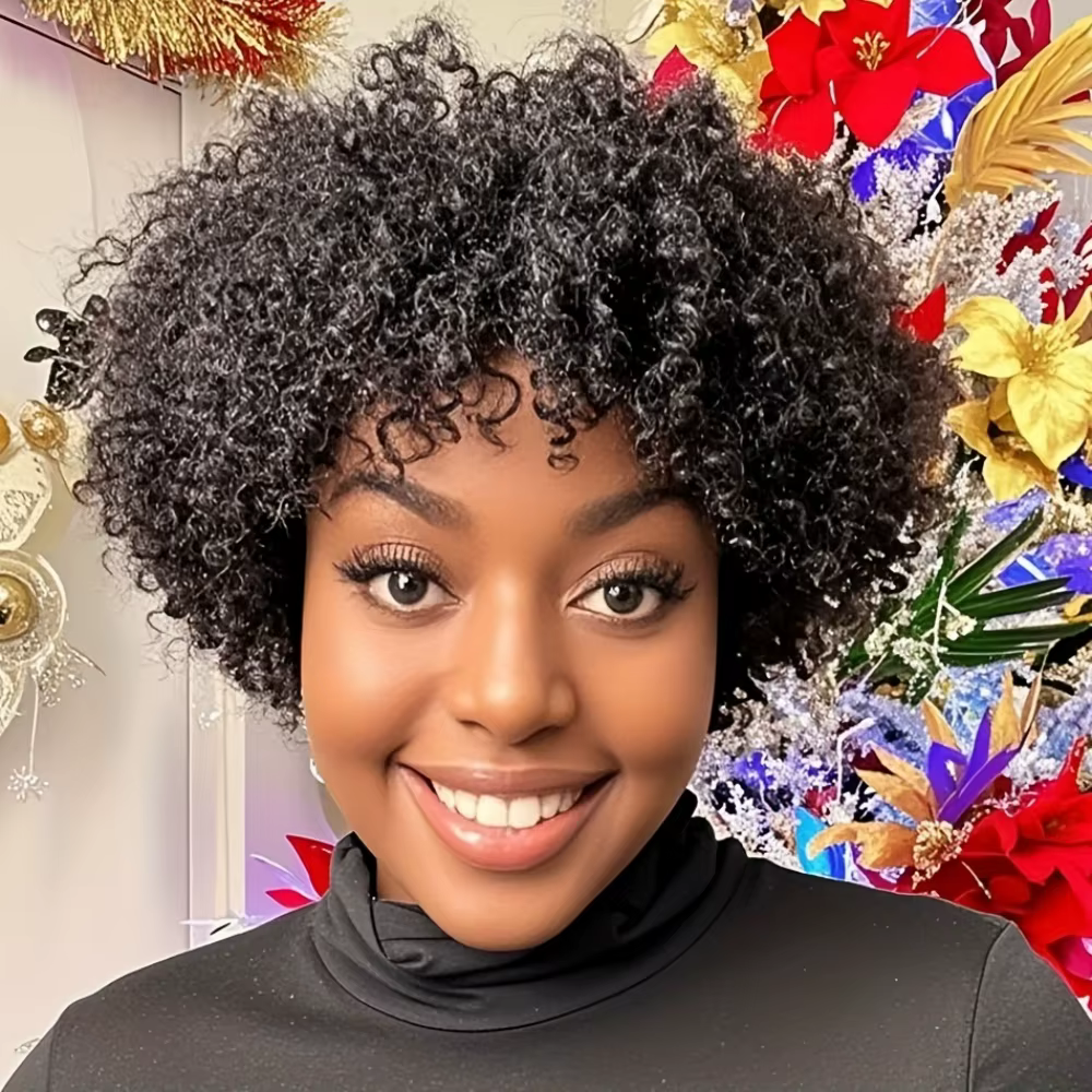 Perruque de cheveux humains naturel Afro crépus bouclés coupe de lutin avec frange postiche bouclée Jerry complète pour