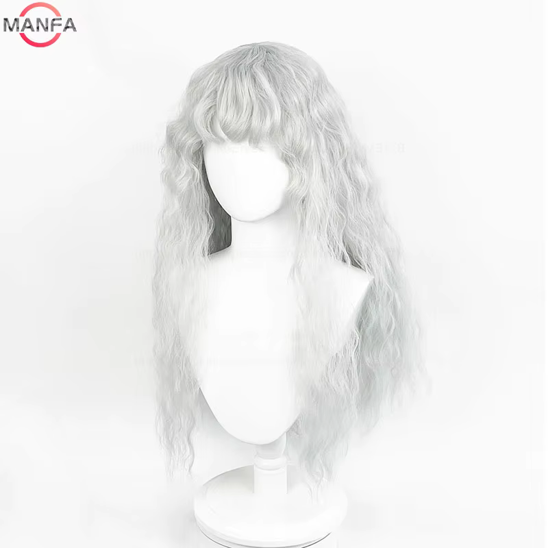 Griffith Cosplay perruque gris clair bouclés ondulés longs résistant à la chaleur perruques de cheveux synthétiques +