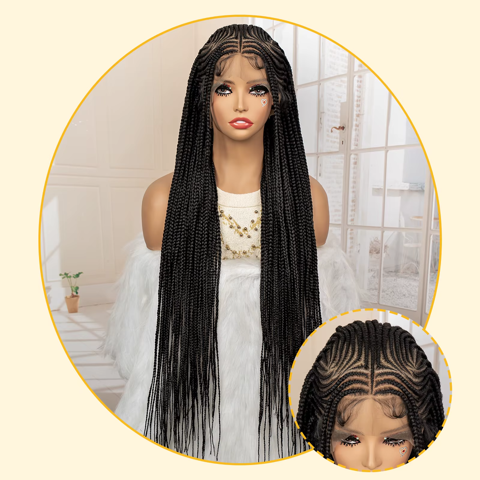 Perruques de cheveux tressés africains synthétiques pleine dentelle Cornrow sans noeuds boîte tressage