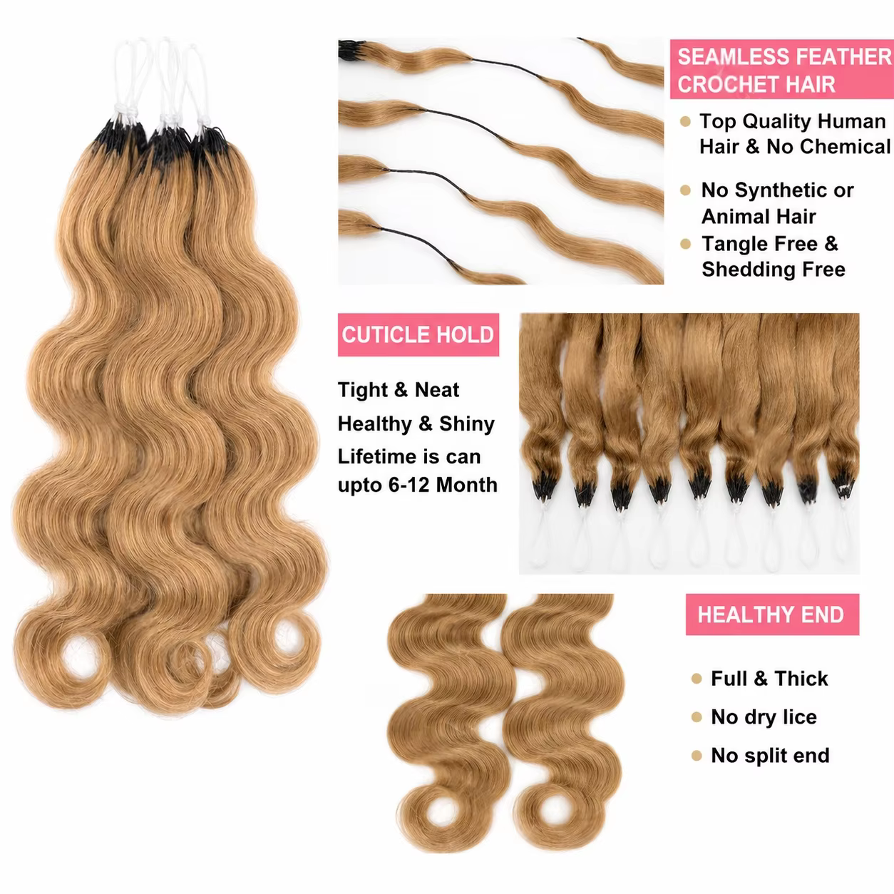 Réutilisable sans nœuds # 27 mèches de cheveux humains blond miel pour tresses bohèmes
