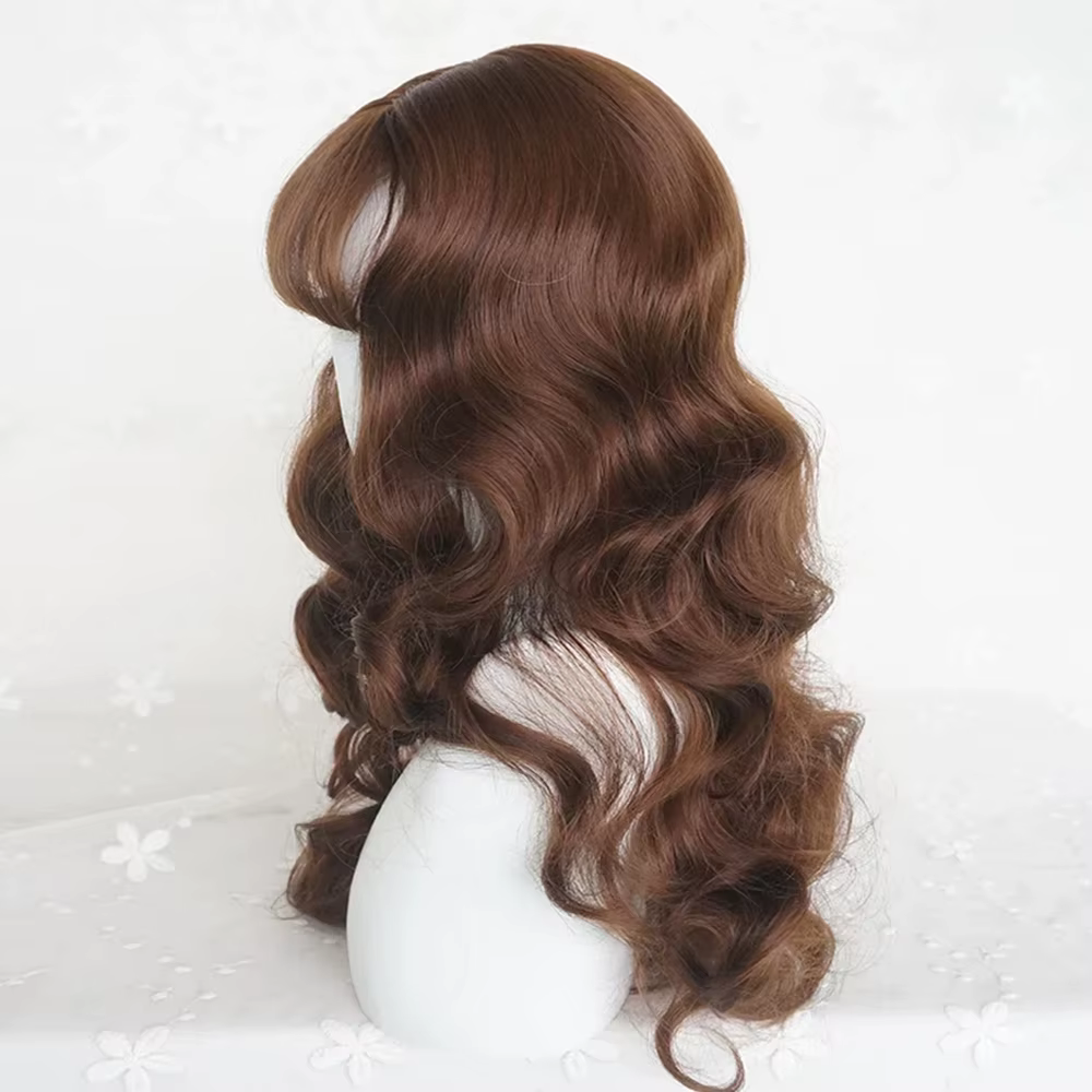 Perruque synthétique longue bouclée ondulée châtain brun avec frange pour femme, style gothique Lolita et usage quotidien, cheveux artificiels réalistes