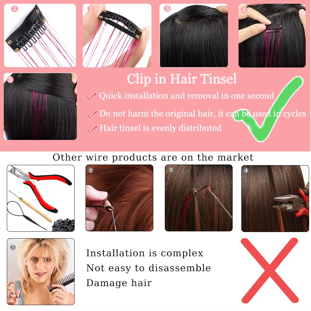 12 pièces pince à cheveux en 19.6 pouces paillettes guirlandes Extensions