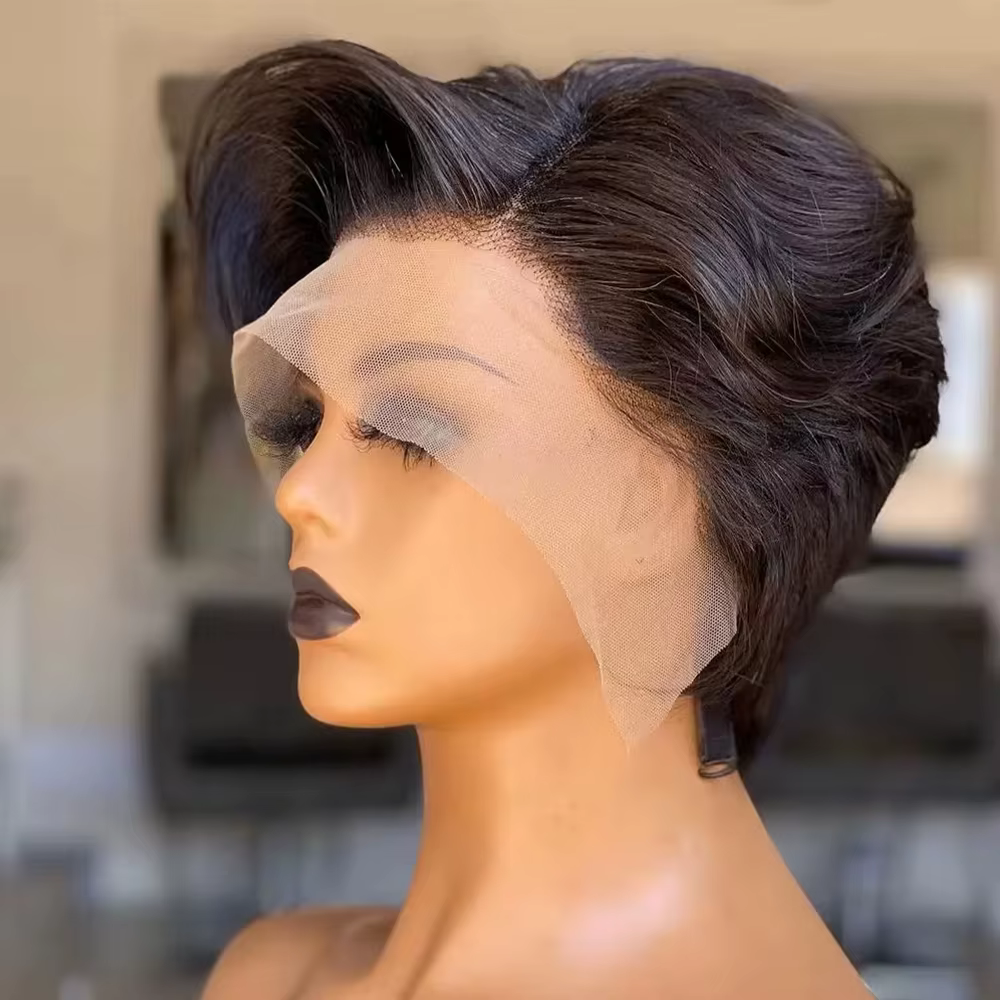 Perruque courte coupe pixie en cheveux humains, perruque bob transparente 13x4 avec partie en dentelle, perruque brésilienne 100% cheveux humains pour femmes