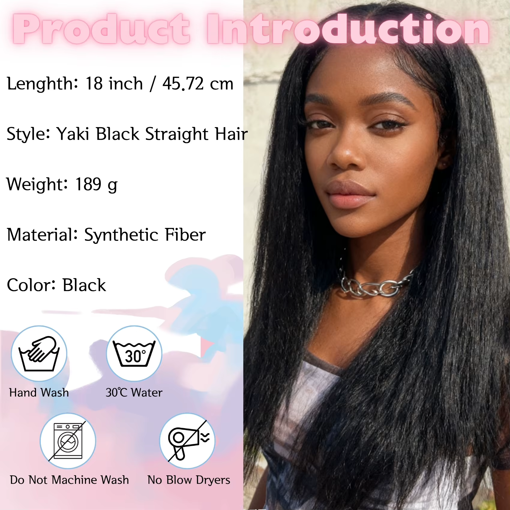 Perruque Yaki noire lisse mi-longue de Style africain pour femmes
