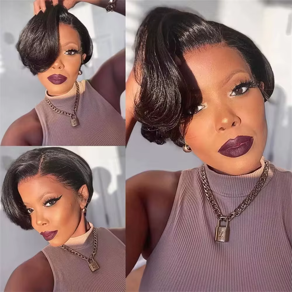 Perruque courte coupe pixie en cheveux humains, perruque bob transparente 13x4 avec partie en dentelle, perruque brésilienne 100% cheveux humains pour femmes