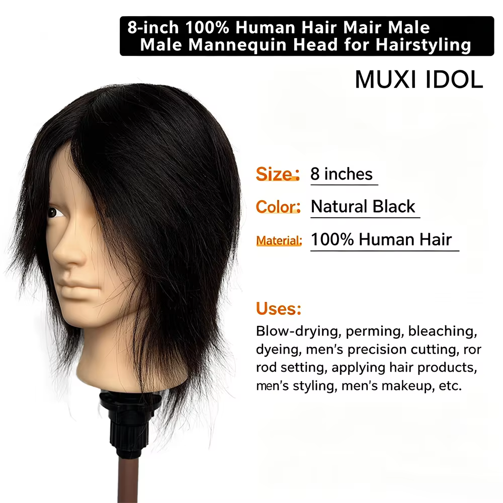 Tête de mannequin en cheveux humains 100% naturels de 8 pouces avec boucles réalistes
