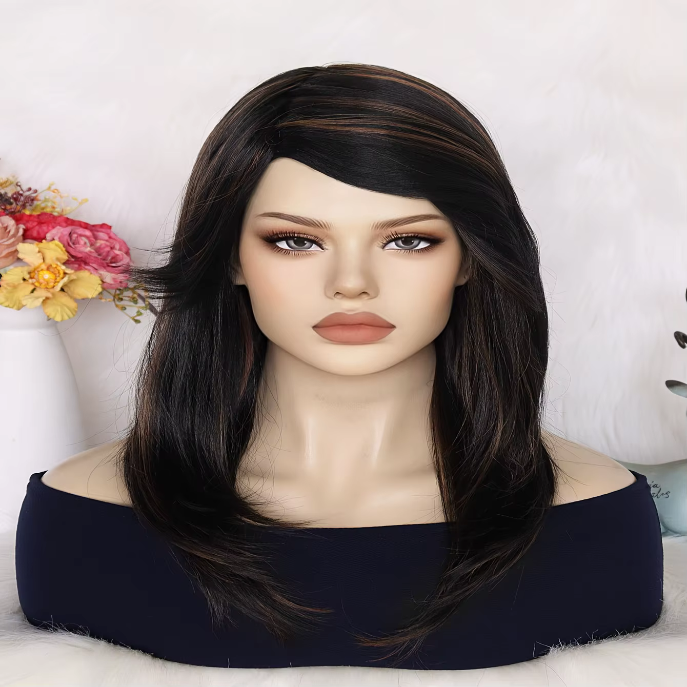  ﻿ Perruque synthétique ondulée mi-longue pour femme avec frange latérale