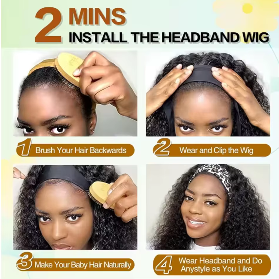 Perruque bandeau bouclée crépue en cheveux humains