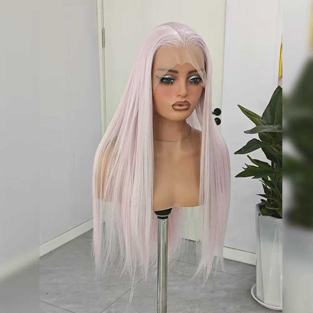 Perruque synthétique droite gris rose pour femme