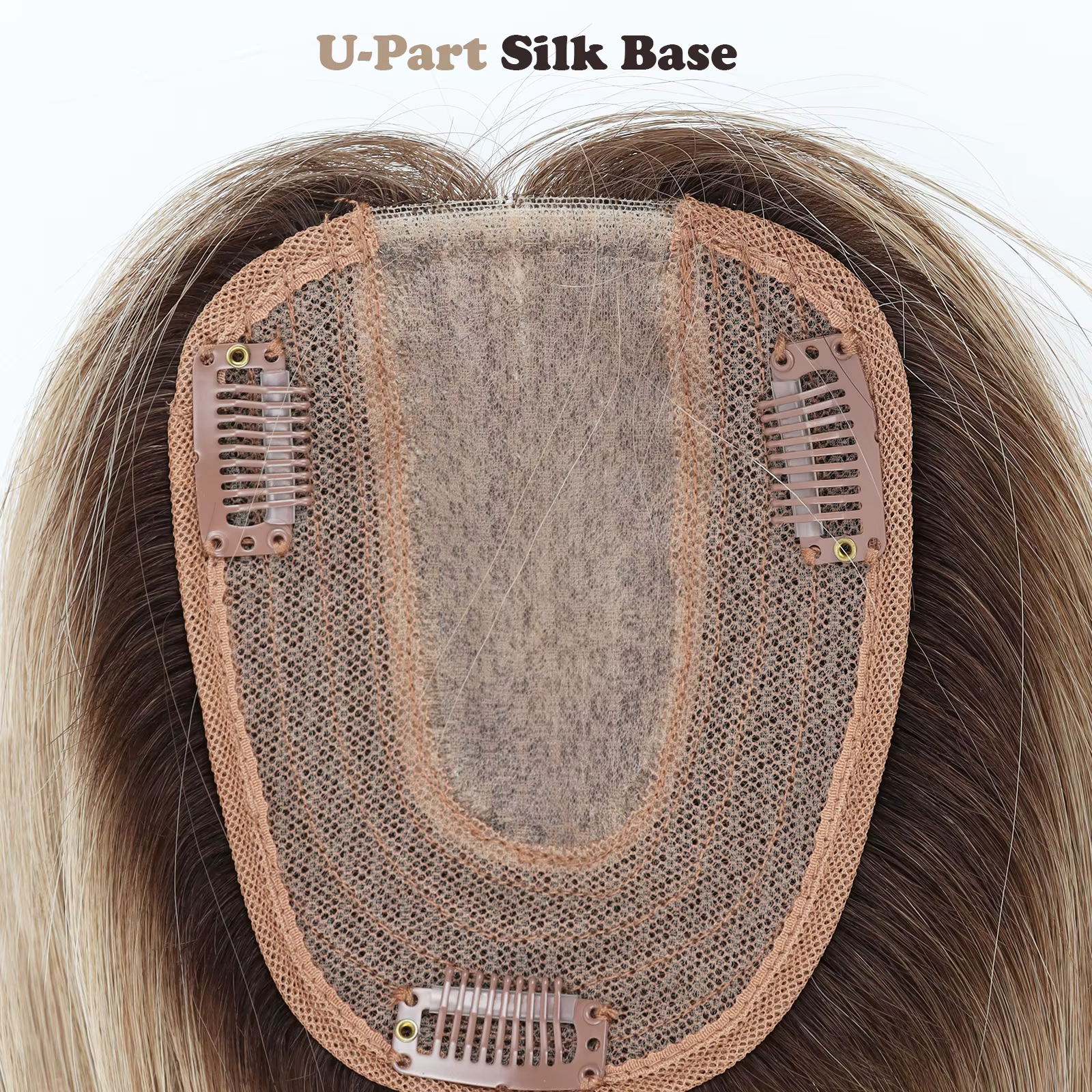 Topper capillaire 14 pouces ombré blond avec base en soie et clips