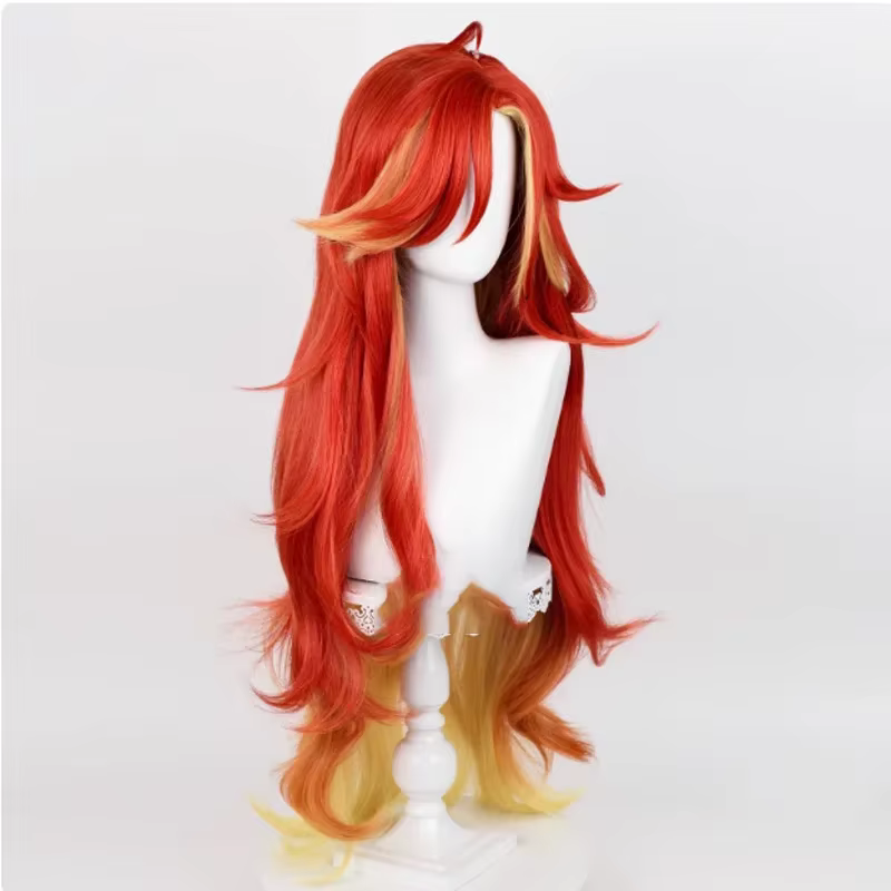 Pyro Archon Mavuika Cosplay perruque 100 cm longue vague bouclée rouge jaune mixte