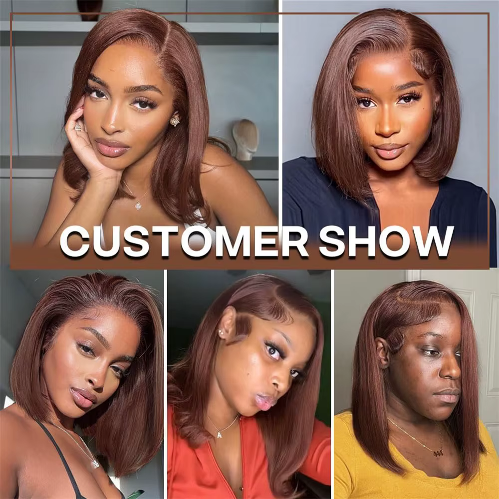 Perruque Lace Front 13x4 Bob Cheveux Humains Bruns Lisses Densité 180% Perruques Frontales en Dentelle Transparente