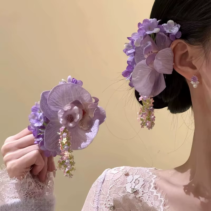 Pince à cheveux coréenne à fleurs violettes éthérées – Accessoire photo printemps-été