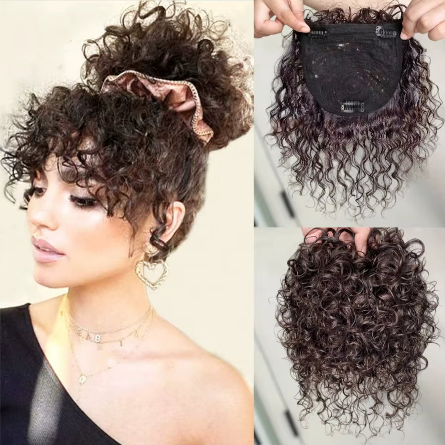13x14CM cheveux humains bouclés Topper avec frange sans couture moelleux court