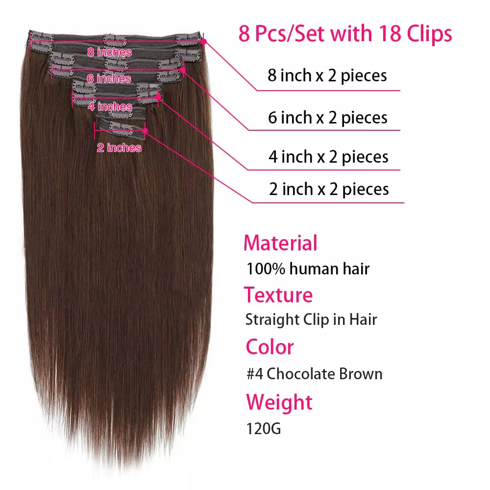 Extensions de cheveux à clipser, cheveux humains véritables, lisses, 100% cheveux humains brésiliens Remy, couleur brun chocolat, 16-26 pouces, pour femmes