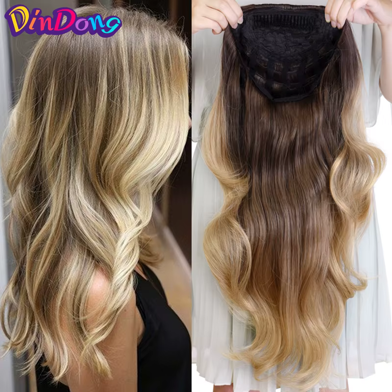 DinDong Demi Perruque Synthétique Ondulée pour Femmes, Extension à Clipser dans Cheveux, Peigne, sur Tête en Maille, 3/4, 24 Pouces, 60 cm