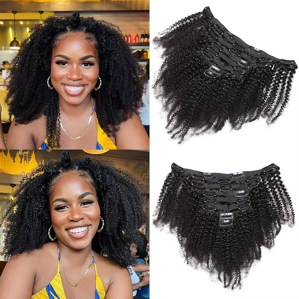 Afro crépus bouclés pince dans l'extension de cheveux cheveux vierges brésiliens 4B 4C Afro crépus bouclés vrais cheveux humains Double trame pour les femmes noires