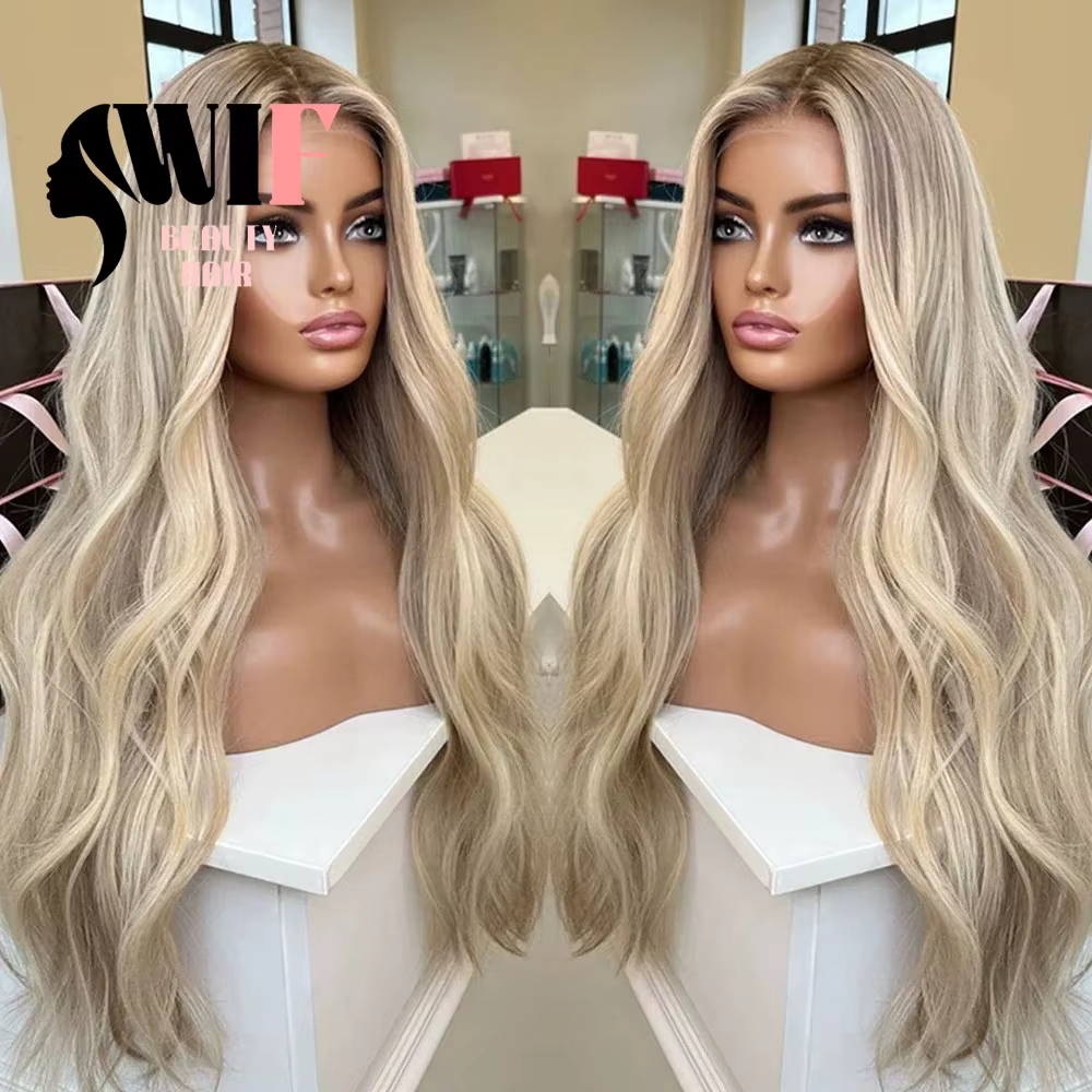 WIF corps ondulé Ombre Blonde perruque de dentelle synthétique longue ondulée naissance des cheveux naturelle racine