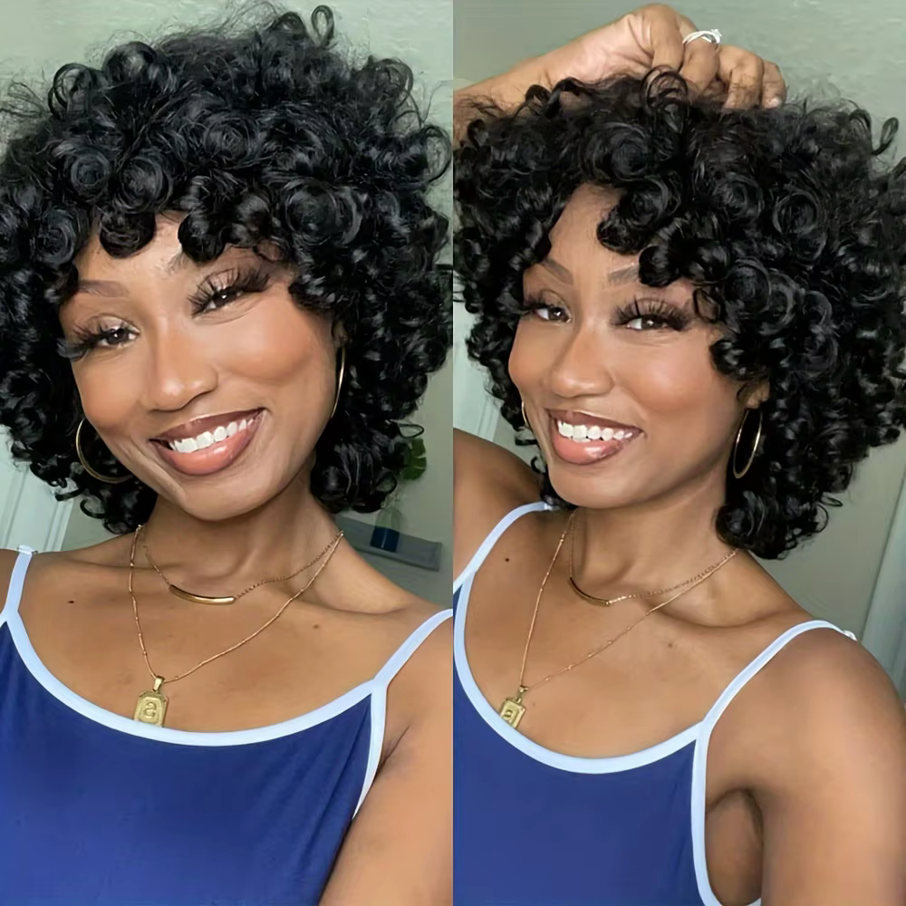 Fumi bouclés perruques de cheveux humains frange perruque coupe lutin Rose