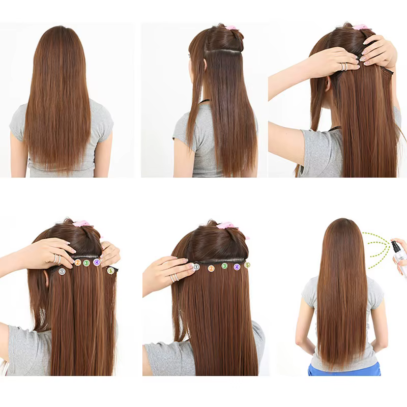 WIGSIN 60 cm synthétique longue droite pince en une seule pièce Extension de cheveux 5 Clips brun noir résistant à la