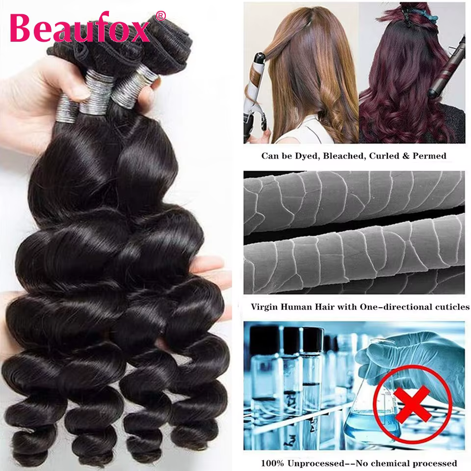 Beaufox paquets de cheveux humains vague lâche avec fermeture tissage